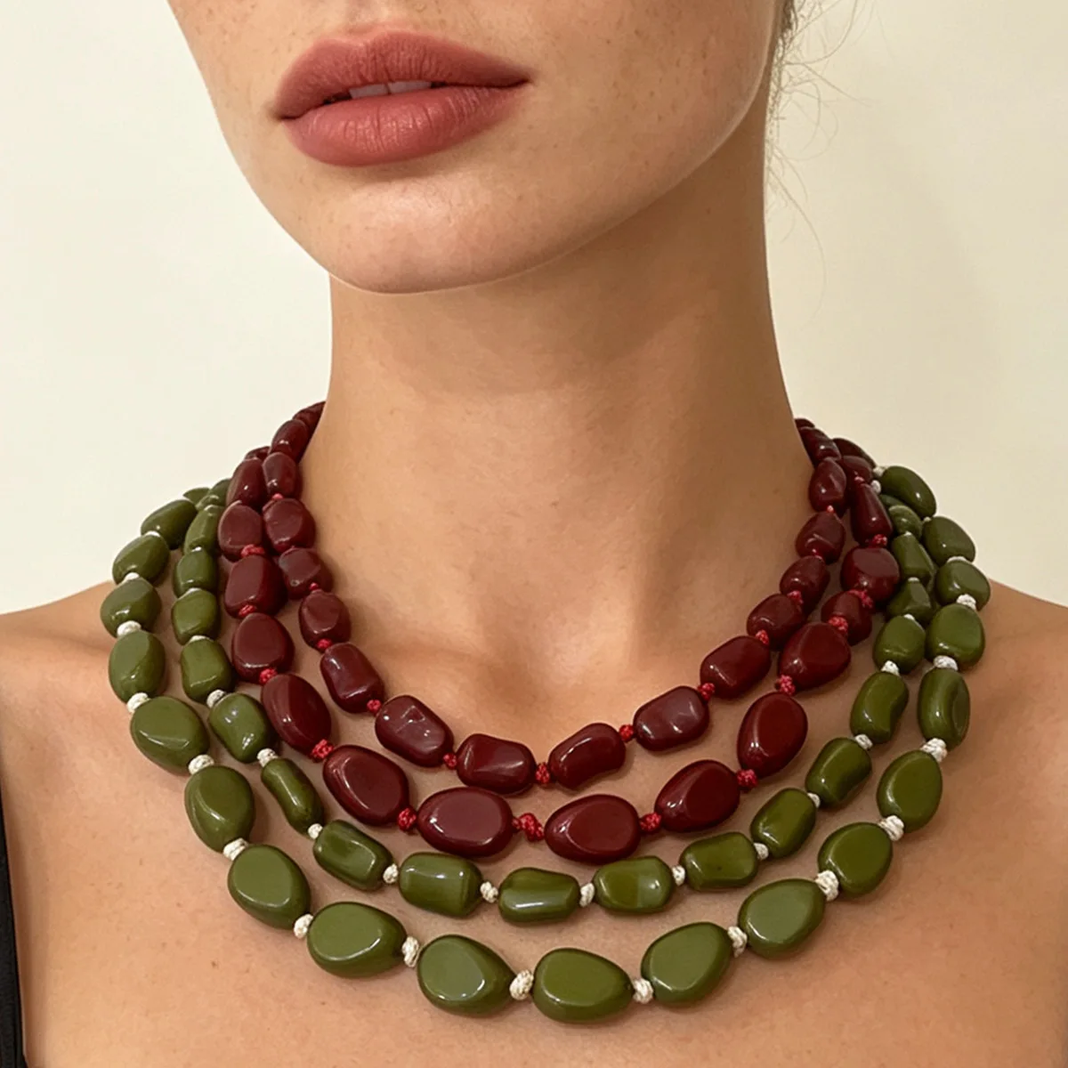 Women'S Fashion Ww2 - Colar de contas ovais irregulares multicamadas,